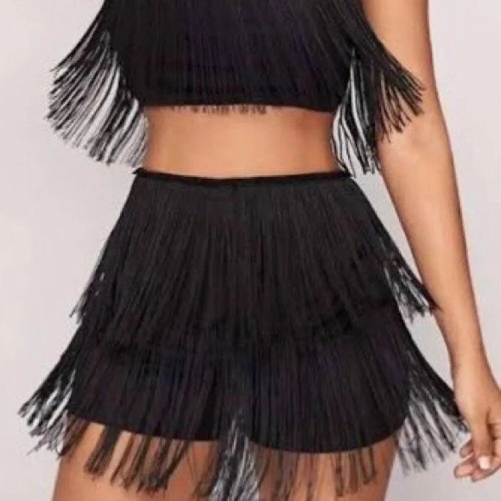 Wild Honey Black Faux Suede Fringe Cropped Sleeveless Tank Top and Short Set - Picture 1 of 16